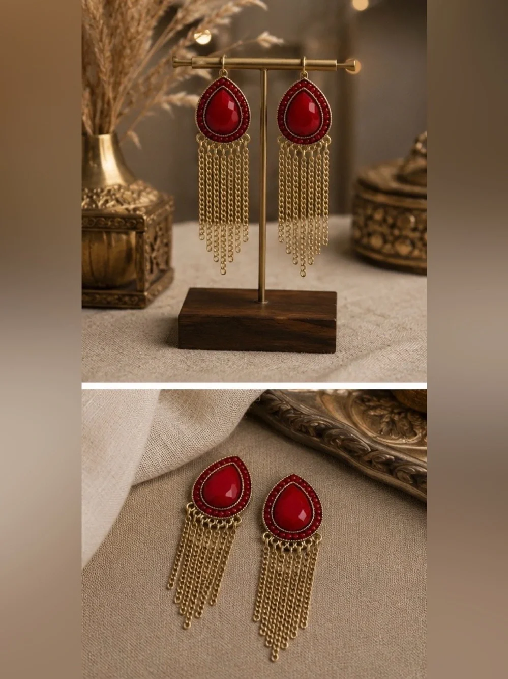 Boho Red Teardrop Statement Earrings | Gold Tone Chain Fringe | Hypoallergenic